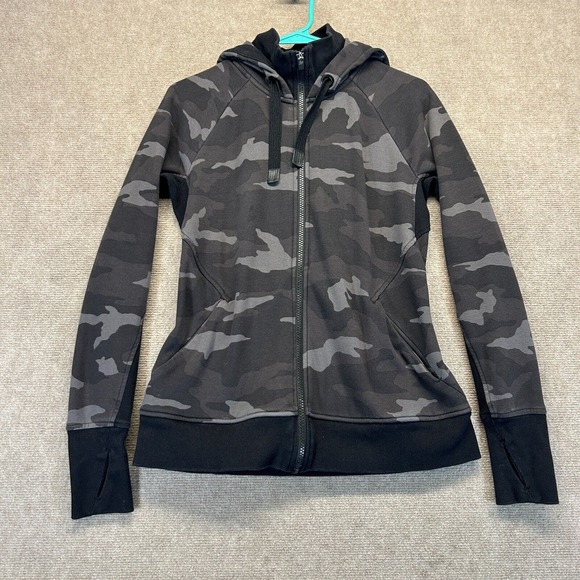 Athleta Triumph Printed Hoodie Women's Small Gray Camo Full Zip Performance Gym - Picture 1 of 15